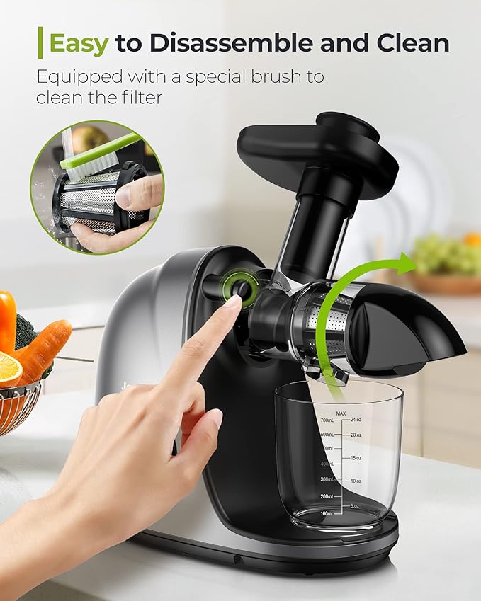 Jocuu Slow Masticating Juicer Machines with Soft Hard Modes Easy to Clean Quiet Motor & Reverse Function, Cold Press Juicer for Fruit & Vegetable, 90% Juice Yield, with Brush & Recipes (Grey)