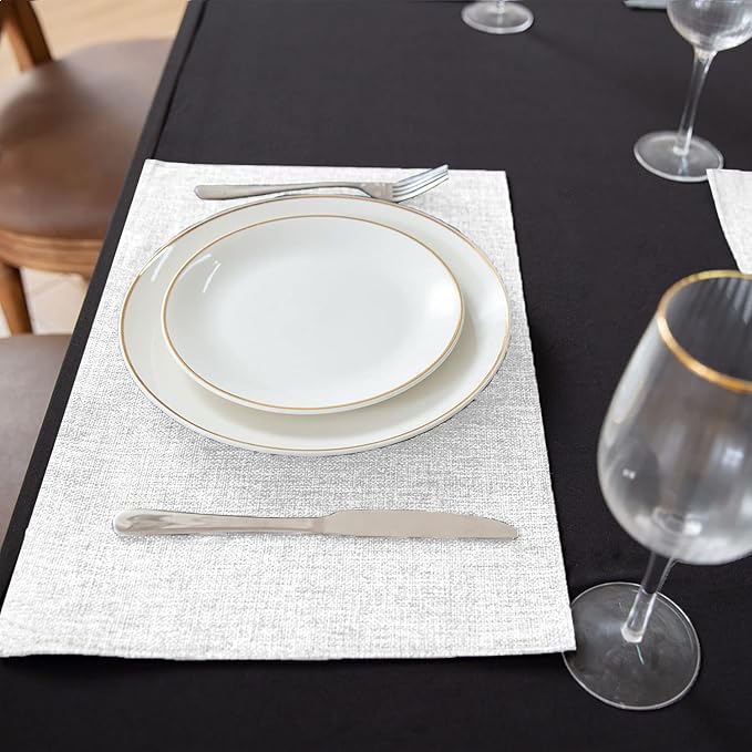 Linen Placemats Set of 8, Machine Washable, Heat Resistant, Wrinkle Free, Thick Polyester Kitchen Place Mats for Dining Table (White)