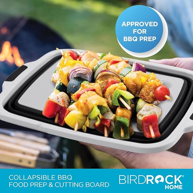BIRDROCK HOME 2-pack Collapsible BBQ Prep Tub w/Cutting Board, Multi-Function Grill Caddy w/Colander & Lid, Portable Silicone Dish Bowl for Picnic, Tailgate, Camping (Black, X-Large)