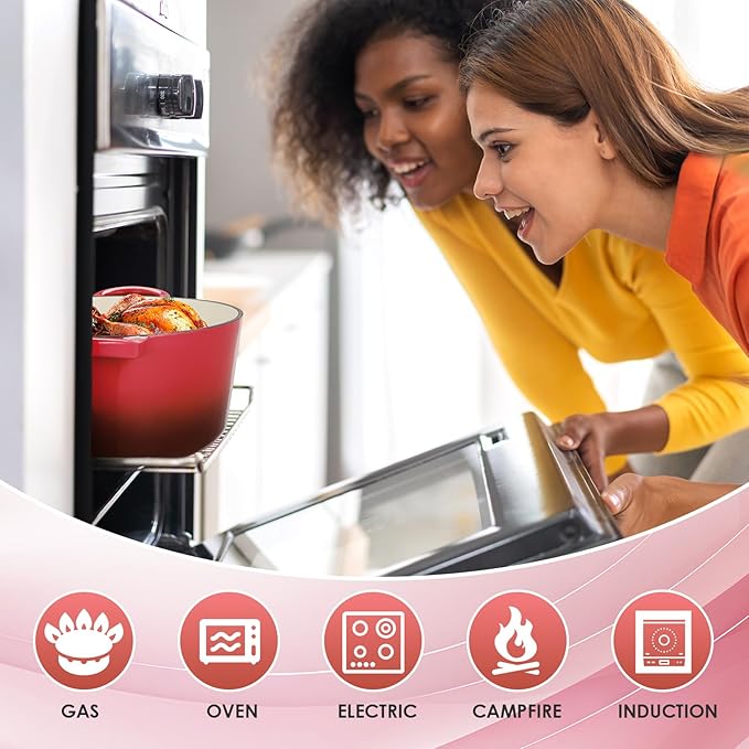 LIFERUN 6 Qt Enameled Cast Iron Dutch Oven Pot with Lid，Oven Safe up to 500° F, Heavy-Duty Non-Stick Dutch Oven with Dual Handles for Bread Baking, Fry Foods, Braising, Stews, Roasting (Red)