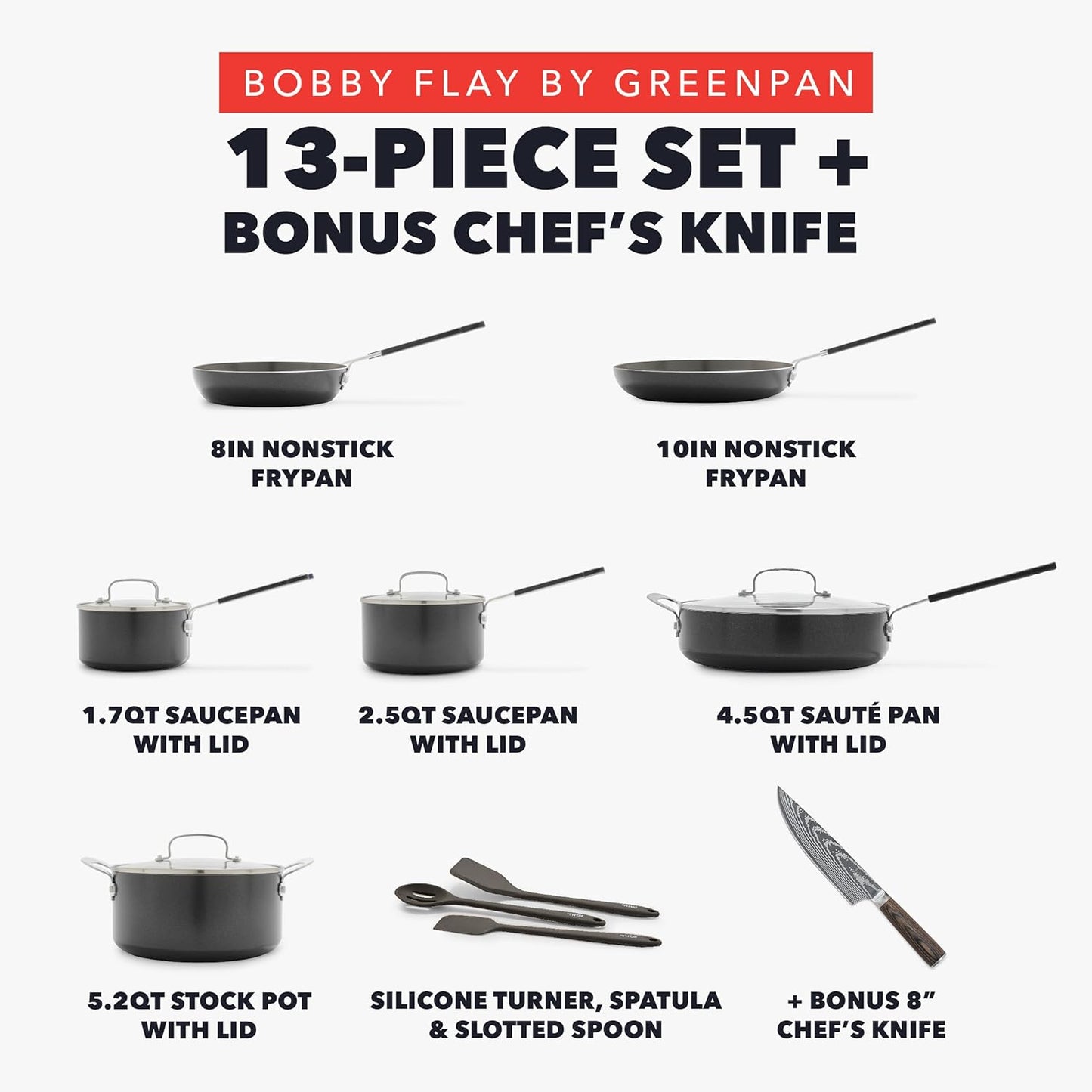 GreenPan x Bobby Flay 13 Piece Cookware Pots and Pans Set and 8" Chef's Knife. PFAS & PFOA-Free Ceramic Nonstick, Induction Suitable, Stay-Cool Silicone Handle, Dishwasher & Oven Safe, Black
