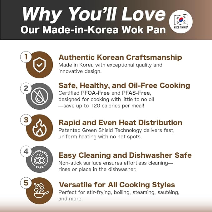 Diamond X Premium Non Stick Wok Pan with Lid - 11" Large Flat Bottom Chinese Wok - Woks & Stir-fry Pans Nonstick - Titanium-Coated 8-Layered Korean Engineered Skillet for Frying, Oil-Free, PFOA-Free