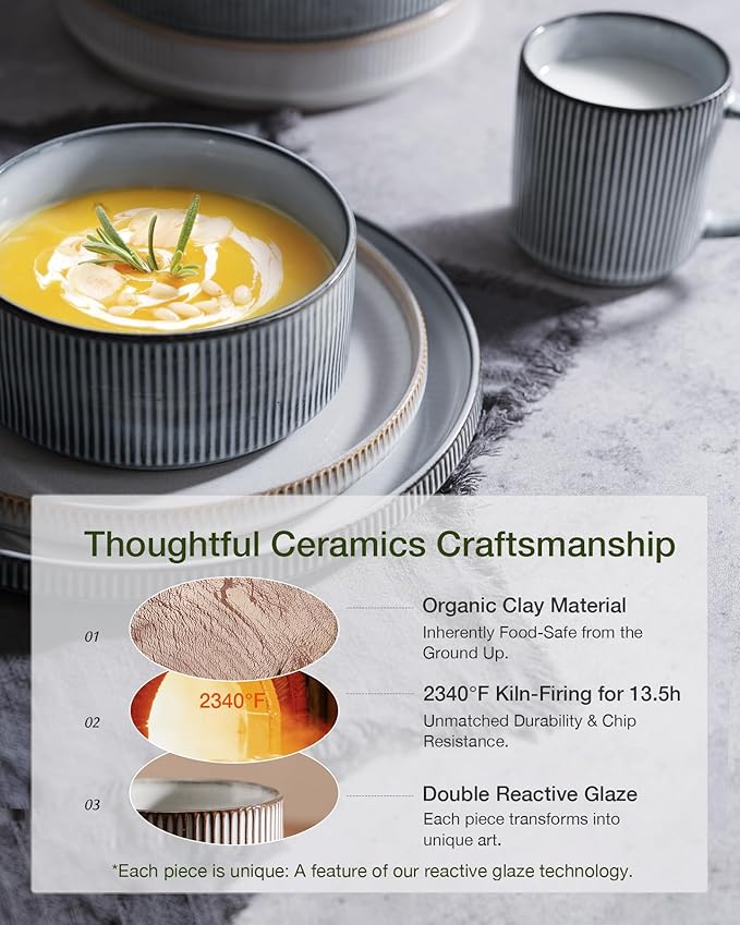 Famiware Star Dinnerware Set, Plates and Bowls Sets for 8 (24pcs), Ribbed Stoneware Dishes - Chip & Scratch Resistant, Microwave & Dishwasher Safe, Multicolor - Cappuccino White & Smoky Blue