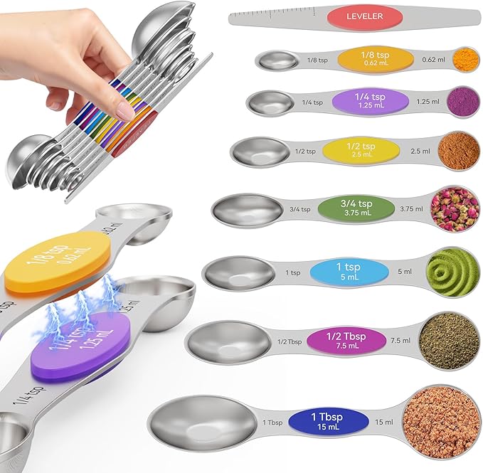 Magnetic Measuring Spoons Set of 8 - Heavy Duty 304 Stainless Steel, Triple Measurement Markings, Strong N52 Magnets, Easy to Clean, Space-Saving with Leveler Included (Colorful)