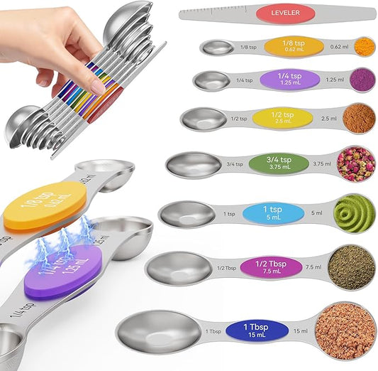 Magnetic Measuring Spoons Set of 8 - Heavy Duty 304 Stainless Steel, Triple Measurement Markings, Strong N52 Magnets, Easy to Clean, Space-Saving with Leveler Included (Colorful)