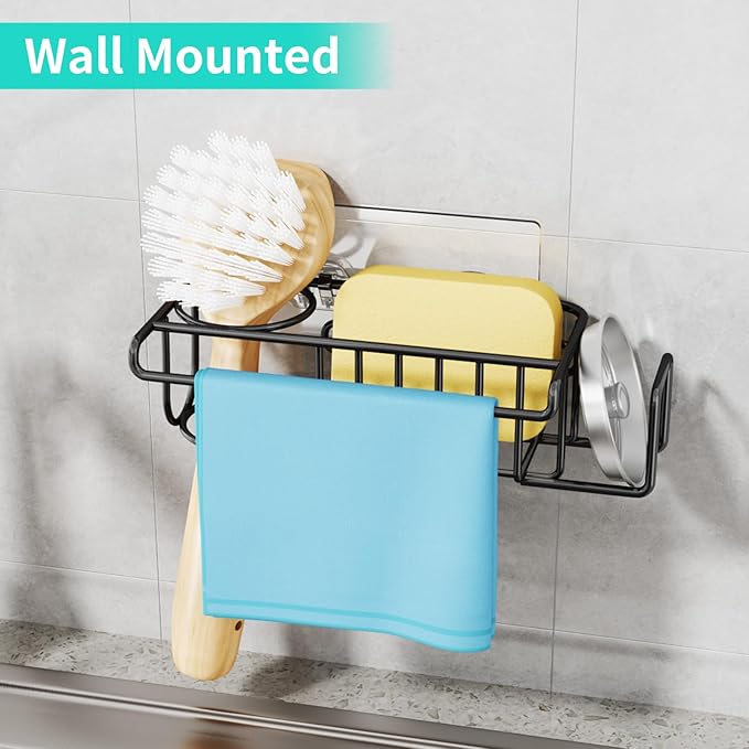 HapiRm 4 in 1 Adhesive Sponge Holder Sink Caddy, SUS304 Stainless Steel Brush Holder + Dish Cloth Hanger + Soap Rack + Sink Stopper Rack, No Drill Kitchen Sponge Caddy - Black