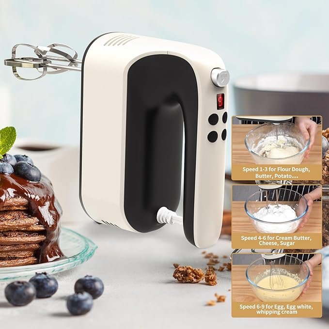 9-Speed Digital Hand Mixer Electric, 400W Powerful DC Motor, Baking Mixer Handheld with Snap-On Storage Case, 5 Stainless Steel Accessories, Flat Beaters, Dough Hooks, Whisk (Creamy&Black)