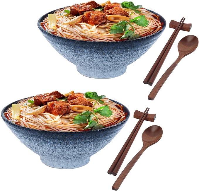 8 Inch Japanese Ramen Bowl Set, Ceramic Pho Bowls and Spoons Set of 2 with Chopsticks and Spoon for Ramen Soup Pho Udon Asian Noodles, Blue