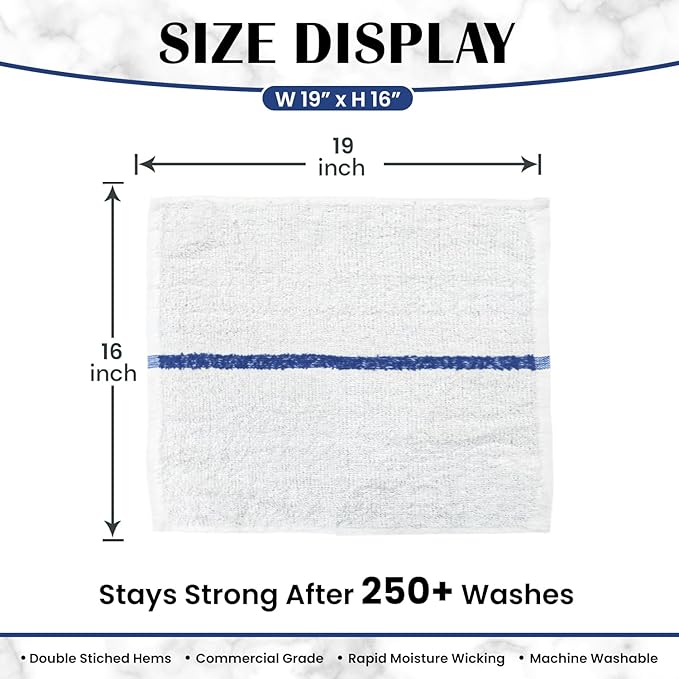 Bar Mops Blue Stripe Pack of 60 Kitchen Towels 16x19 Multi-Purpose for Home, Restaurant and Cleaning White Absorbent Washcloth Dishcloths Sets, Reusable Dish, Cloths Rags