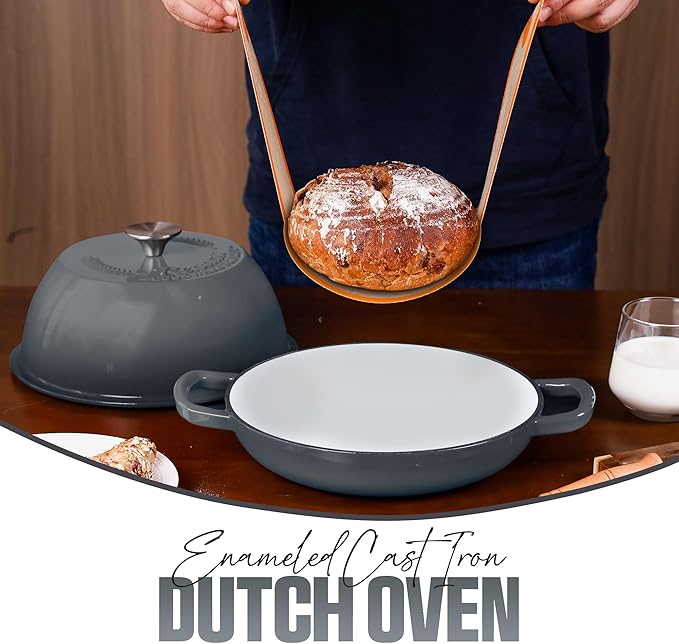 Enameled Cast Iron Dutch Oven Pot with Lid - Dutch Oven for Sourdough Bread Baking - With 5 Blade Bread Lame & Non-Stick Silicone Sling perfect for Sourdough Breads & more. Cast Iton Enamel Braiser Pan with Lid (GREY, 6 Quart Sourdough Pot)