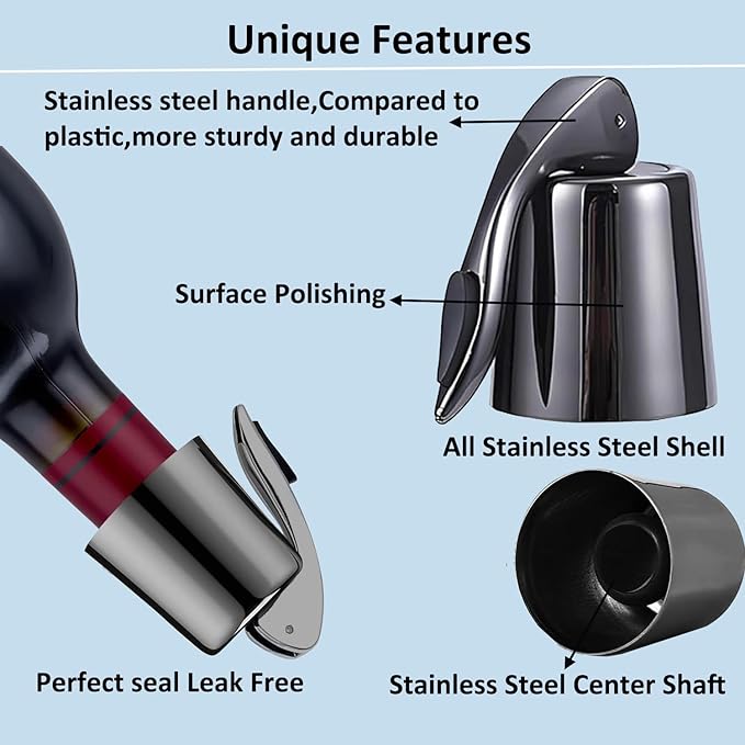 Stainless Steel Wine Bottle Stoppers with Silicone - Reusable Wine Freshness Keep,Wine Bottle Sealer Stopper, Ideal Wine Saver Accessory Gift (Black,2 Pack)