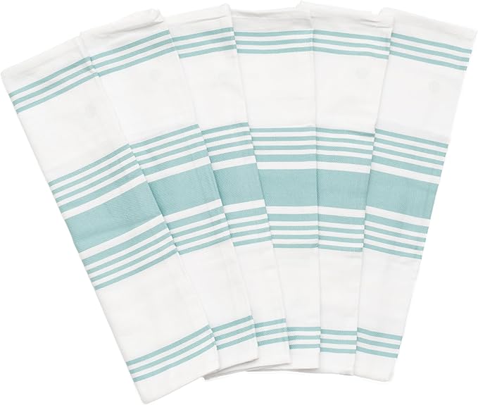 Aqua Stripes Cotton Kitchen Towels - 100% Cotton, 6 Pack, 30"x20", Absorbent, Lightweight, Lint-Free, Washable, Reusable and Quick-Dry Dish Towels with Hanging Loop (Aqua)