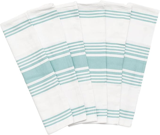 Aqua Stripes Cotton Kitchen Towels - 100% Cotton, 6 Pack, 30"x20", Absorbent, Lightweight, Lint-Free, Washable, Reusable and Quick-Dry Dish Towels with Hanging Loop (Aqua)