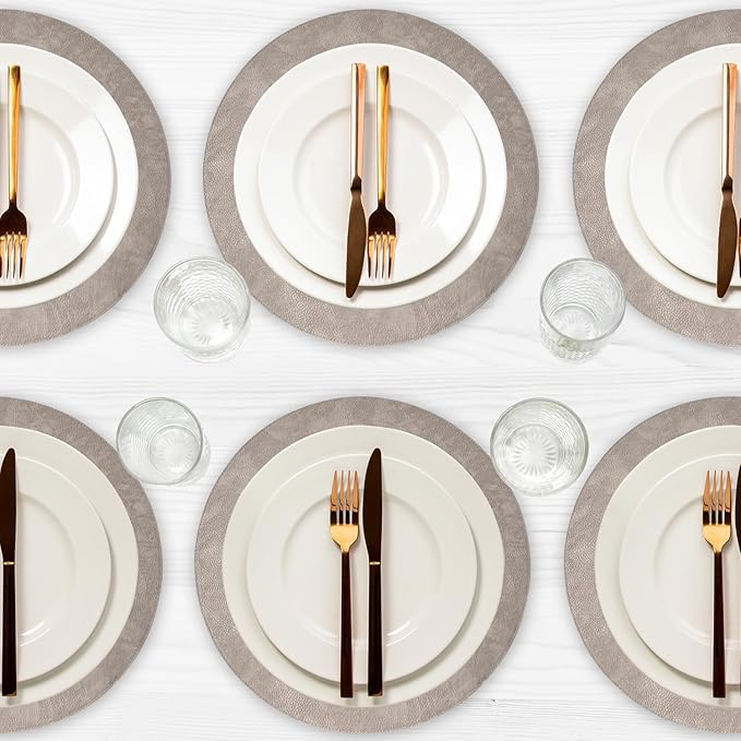 Morgan Faux Leather Round Set of 12 Placemats, 15", Grey, Heat Resistant, Stain Resistant, Non-Slip, Reversible, Durable Table Mats for Kitchen, Dining Table, Indoor Washable Use