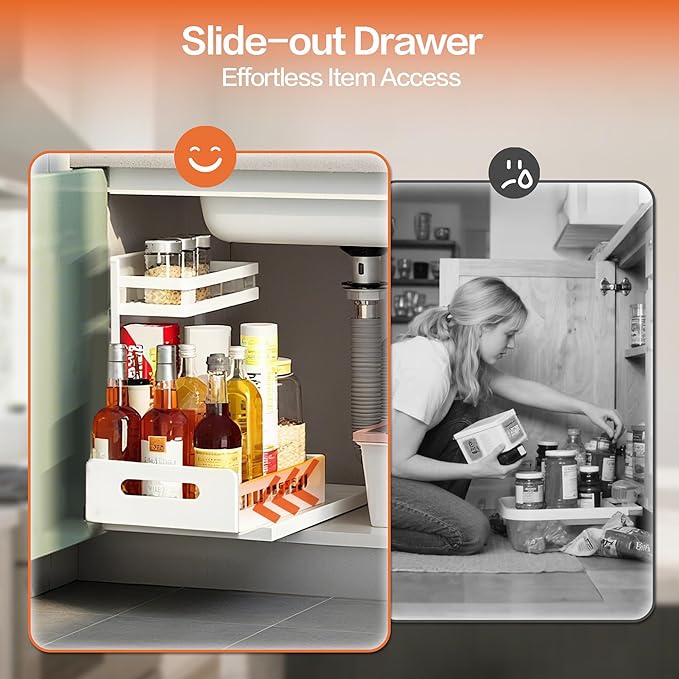 VUSIGN Under Sink Organizer, 2 Tier Pull Out Bathroom Cabinet Organizer, Under Kitchen Sink Organizers and Storage, Under Sink Shelf,2 Pack, White