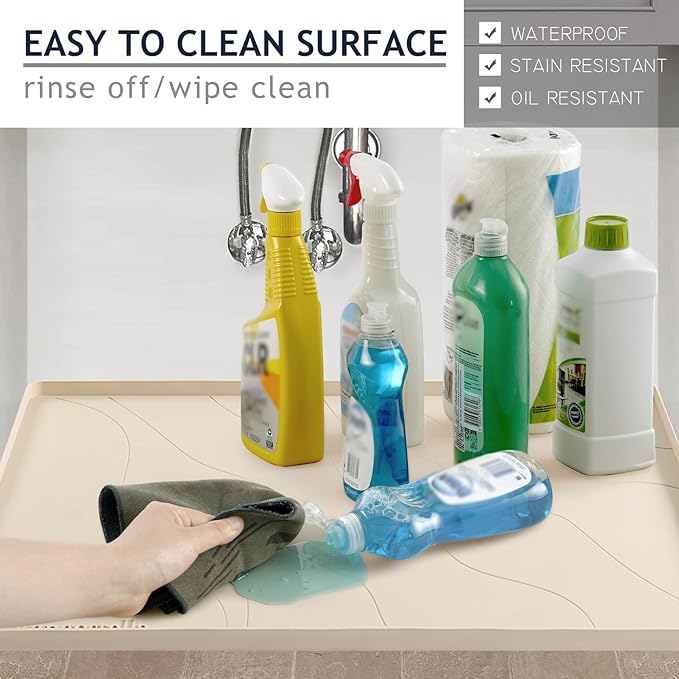Heavy Duty Silicone Under Sink Mats for Kitchen Waterproof 31" x 22", Extra Thick Under Sink Rubber Mat Drip Tray, Raised Edge Under Sink Liner,Prevent Drips, Leaks, Spills,Taupe