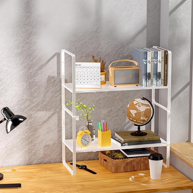 Redrubbit Large Expandable Cabinet Shelf Organizers, Stackable Kitchen Counter Shelves Spice Rack for Kitchen Bathroom Pantry Cupboard Desk Home Office, White-3 Pack