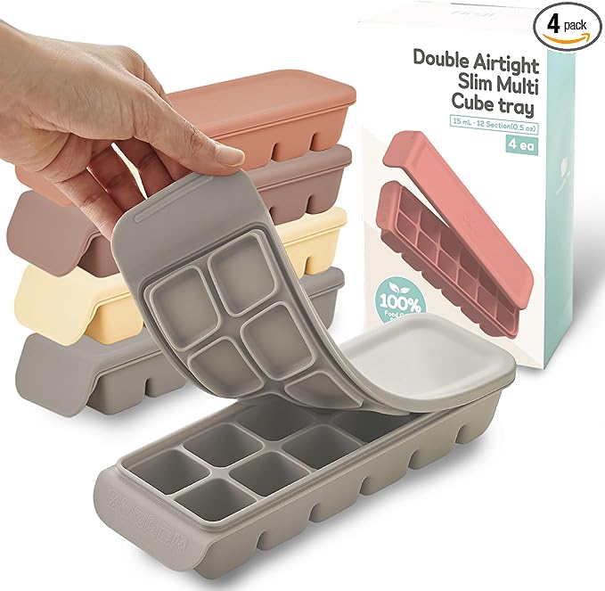 Silicone Freezer Trays with Lid, 0.7oz 12 Section 4 Sets - Leak Proof Silicone Freezer molds for Homemade Baby Food Breastmilk, Purees, Vegetables, Baby Food Jars Ice Tray with Lid BPA Free Mix