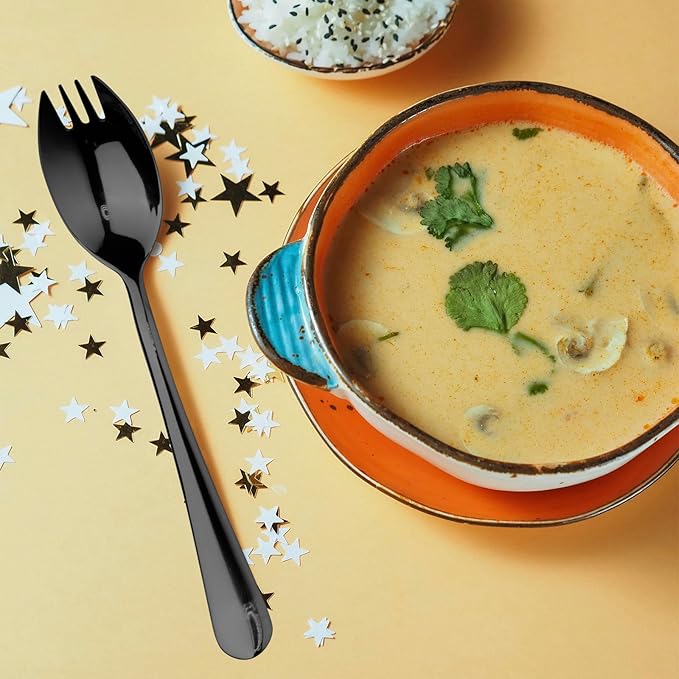 Alata Black Mirror Sporks 8-Pack Set Stainless Steel Sporks, 7.4 Inches Long Handle Salad Forks For Dessert, Ice Cream, Salad, Soup, Noodle, Spaghetti, Dishwasher Safe