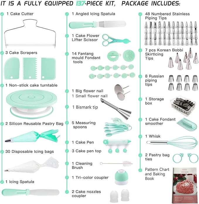 Cake Decorating Kit,137pcs Cake Decorating Supplies with Cake Turntable for Decorating,Pastry Piping Bag,Russian Piping Tips Baking Tools, Cake Baking Supplies for Beginners(Green)