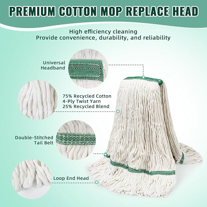 20oz mop Head Replacement, 3 Pack Heavy Duty Industrial Cotton Looped End String Cleaning Mop Head Refills,Used for Home,Garage,Office and Kitchen,White mop Head Replacement