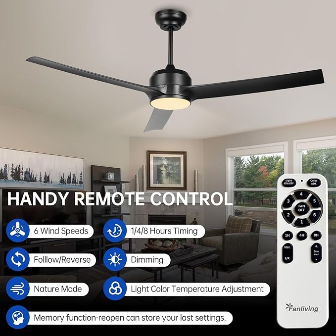 52 Inch Black Ceiling Fan with Filters Lights Remote Control, Quiet DC Motor/Dimmable 3 Colors LED/6 Speed High CFM/3 Blade Indoor Ceiling Fans with Light for Bedroom Living Room Porch