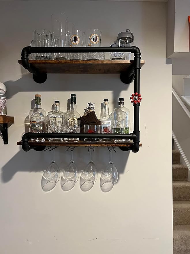 Wine Rack Wall Mounted 2 Tier, Hanging Floating Small Mini Bar Liquor Shelves with Glass Holder Storage Under, Industrial Rustic Pipe Farmhouse Kitchen Decor Black(23.6x10.6x19.7)