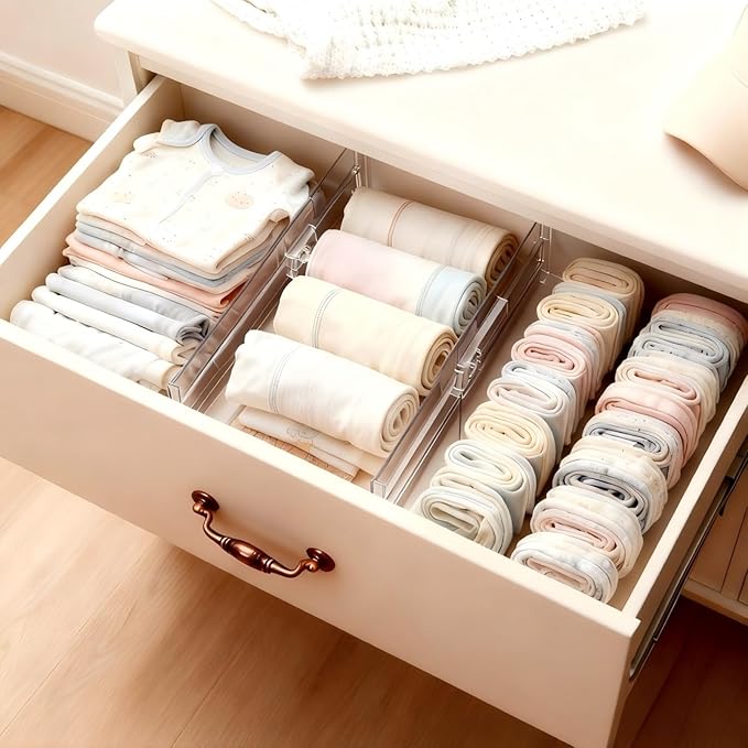 4 Pack Drawer Dividers for Clothes, 4" High 10"-17" Drawer Dividers Adjustable Expandable Dresser Drawer Organizers, Clear Dresser Separators for Clothes, Underwear, Baby Clothes, Cosmetic, Toiletries