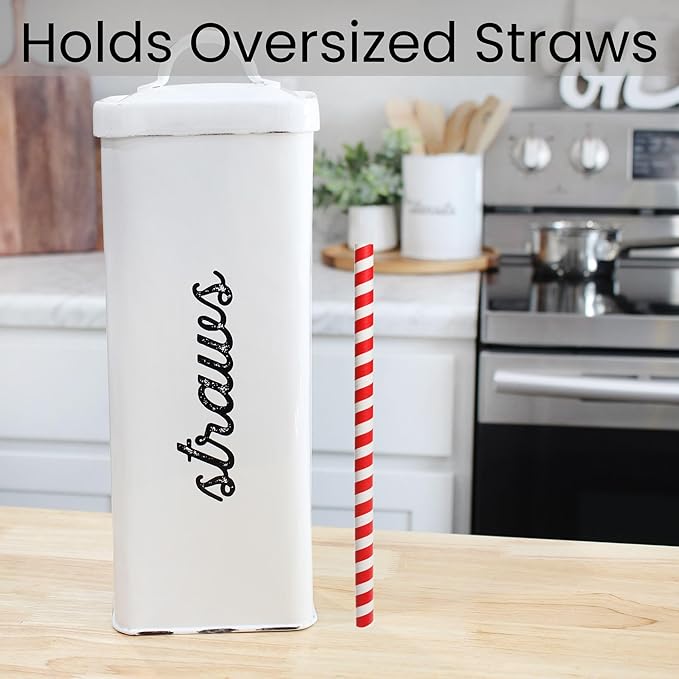 AuldHome Design Farmhouse Enamelware Straw Holder (White); Rustic Metal Straw Storage Canister