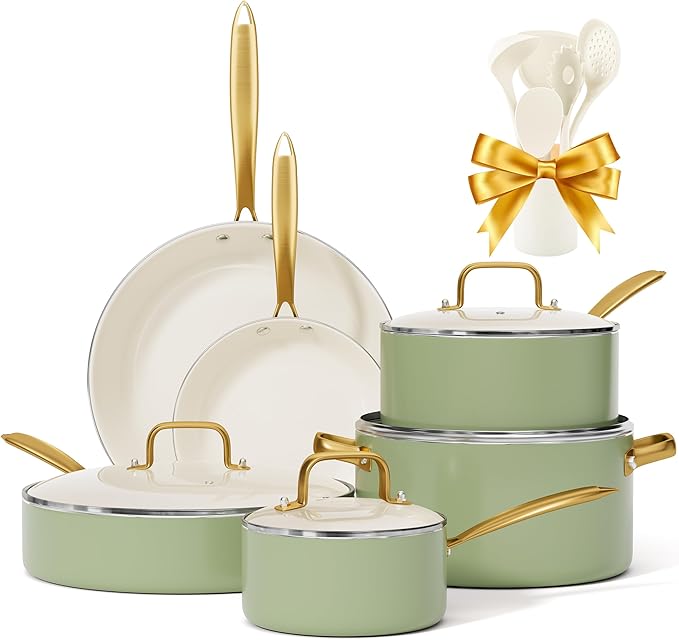 Pots and Pans Set Non Stick - VONIKI Ceramic Cookware Set with Cooking Utensils Set, Non Toxic Kitchen Cookware Sets Dutch Oven Pot with Lid Saucepan Set Sauté Pan Frying Pan Set for Cooking Gifts
