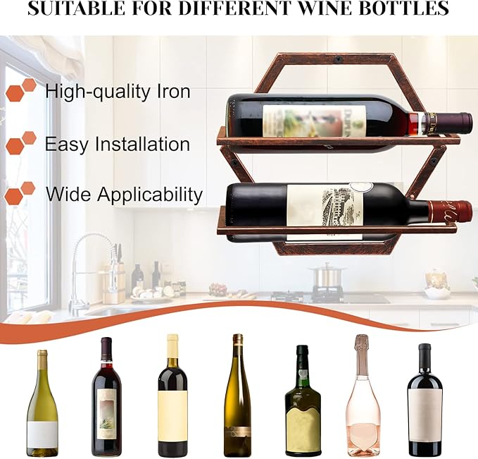 2Pcs Wall Mounted Wine Bottle Rack, Metal Hanging Wine Display Holder Organizer, Red Wine Racks for Home Kitchen Bar Decor Storage (Retro Brown BB)