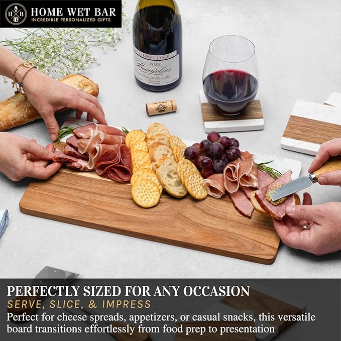 HomeWetBar Personalized Acacia Charcuterie Board | Custom 16" x 9" White Marble & Acacia Wood Cheese Board | Perfect Housewarming + Wedding + Couples Gift Idea