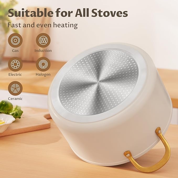 BEZIA Non Stick Stock Pot With Lid, 12 Quart Large Stockpot for Catering for Groups and Events, Induction Cooking Pot for All Stoves, Sturdy & Double Handle, Ideal for Soups & Stews, Cream