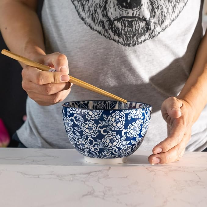Urban Tokyo Porcelain Japanese Motif Design Ramen Udon Noodle Rice Bowl With Chopsticks 20 fl oz 6 inch Diameter Bowl Sets Color Box Packaging (Botan Peony Flower)