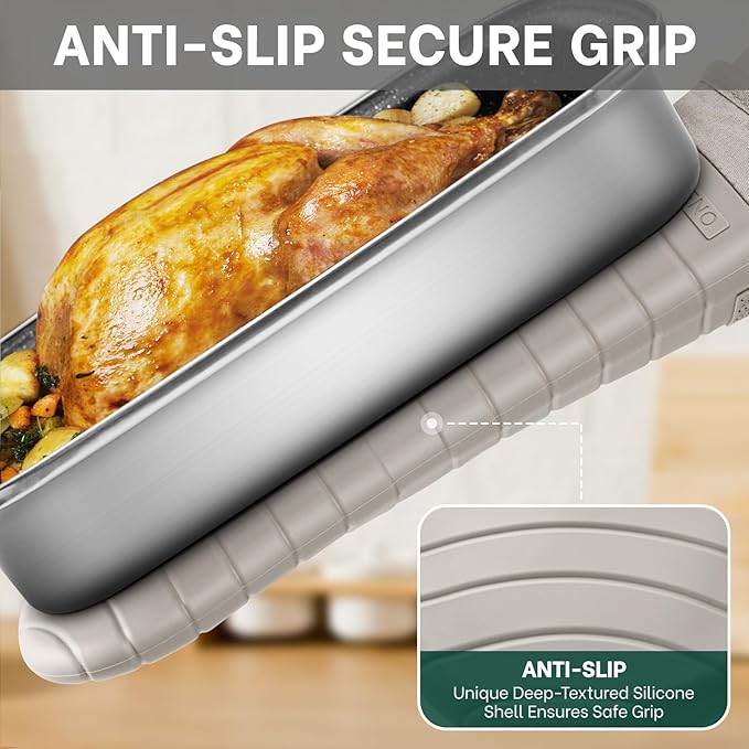 Beneno Premium Silicone Oven Mitts 2-Pack Heat Resistant 500°F, Soft Flexible Non-Slip Grips, BPA-Free & Waterproof Oven Mitts with Comfort Cotton Lining for Baking, Grilling, Cooking, 7"x13", Beige