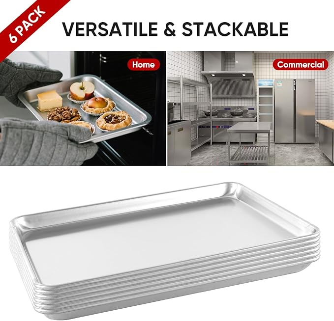 TENUP 6 Pack Aluminum Half Sheet Pan, 18" x 13" Heavy Duty Commercial Baking Tray Reinforced Rim, Warp-Resistant Rust-Free