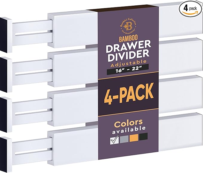 4 Pack Drawer Dividers Bamboo 2.6" High, 16-22" Adjustable Drawer Organizers for Clothes, Expandable Dresser Separators in Bedroom/Bathroom/Kitchen/Office Organization and Storage (White)