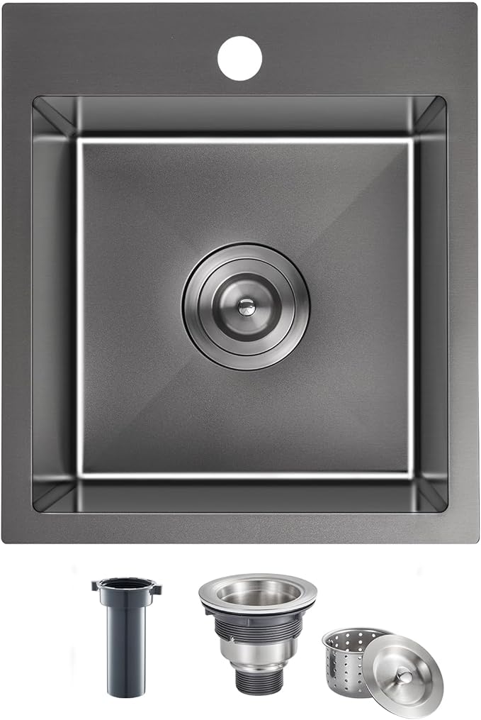 13 × 15 inch Drop in Bar Sink Black - Topmount Small Kitchen Sink Single Bowl, Handmade T-304 Stainless Steel Overmount Kitchen Bar Sinks with Basket Strainer