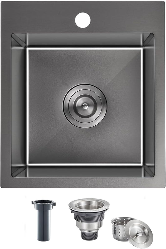 13 × 15 inch Drop in Bar Sink Black - Topmount Small Kitchen Sink Single Bowl, Handmade T-304 Stainless Steel Overmount Kitchen Bar Sinks with Basket Strainer
