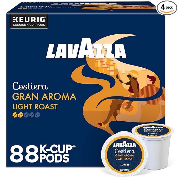 Lavazza Costiera Gran Aroma, Single-Serve Keurig K-Cup Pods, Light Roast Coffee, 88-Count Box (4 Packs of 22)