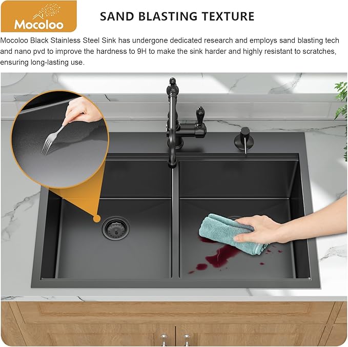 Mocoloo Black Drop In Kitchen Sink - 50/50 Black Drop In Double Bowl NANO-PVD 16 Gauge Stainless Steel Topmount Kitchen Sinks Handmade, 33''x22''x10''