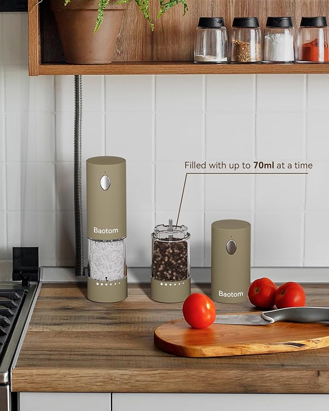 Electric Salt and Pepper Grinder Set with Dual Charging Base, 6 Adjustable Coarseness Levels & External Grind Settings, One-handed Operation Salt and Pepper Mills with LED Light,Brown