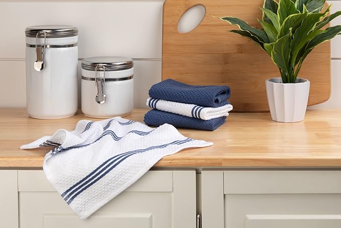 Sticky Toffee Cotton Dishcloths Set of 8 – 12x12 in Dark Blue and White Dish Towels, Reusable and Absorbent Tea Towels for Cleaning or Drying, Oeko-Tex Cotton