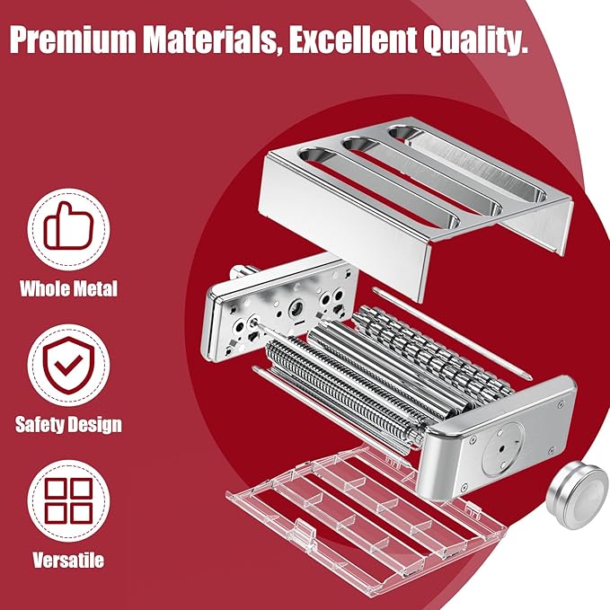 All Metal Pasta Maker Attachment for KitchenAid, 3 In 1 Pasta Attachment for Kitchen Aid Stand Mixer, 8 Gears Adjustable Pasta Roller Attachment for Fettuccine Linguine Pasta Sheets.