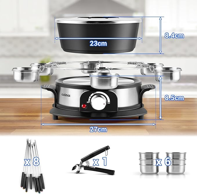 CUSIMAX Electric Fondue Set with 1300W Power Temperature Control for Cheese,Chocolate,Oil and Broth, 2L Non-Stick Electric Fondue Pot with 8 pcs Forks,6 pcs Cups and Removable Anti-Scald Handle