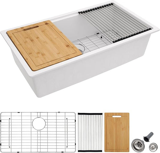 33x19 Granite Composite Kitchen Sink - Undermount Ledge Workstation White Quartz Classic Under Counter Single Bowl Basin