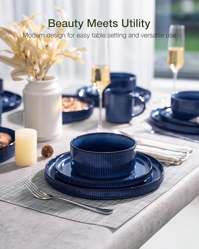 famiware Star Plates and Bowls Sets, Modern Stoneware Dinnerware Sets for 6, 18-Piece Kitchen Dish Set - Chip and Scratch Resistant, Microwave and Dishwasher Safe Tableware, Nebulas Blue