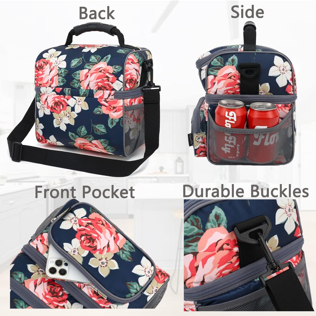 FlowFly Double Layer Cooler Insulated Lunch Bag Adult Lunch Box Large Tote Bag for Men, Women, With Adjustable Strap,Front Pocket and Dual Large Mesh Side Pockets