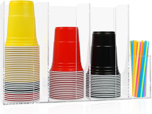 4 Compartments Acrylic Cup and Lid Holder, Clear Disposable Coffee Cup Holder Organizer,Cup Dispenser for Kitchen Bar Shop Party Supplies