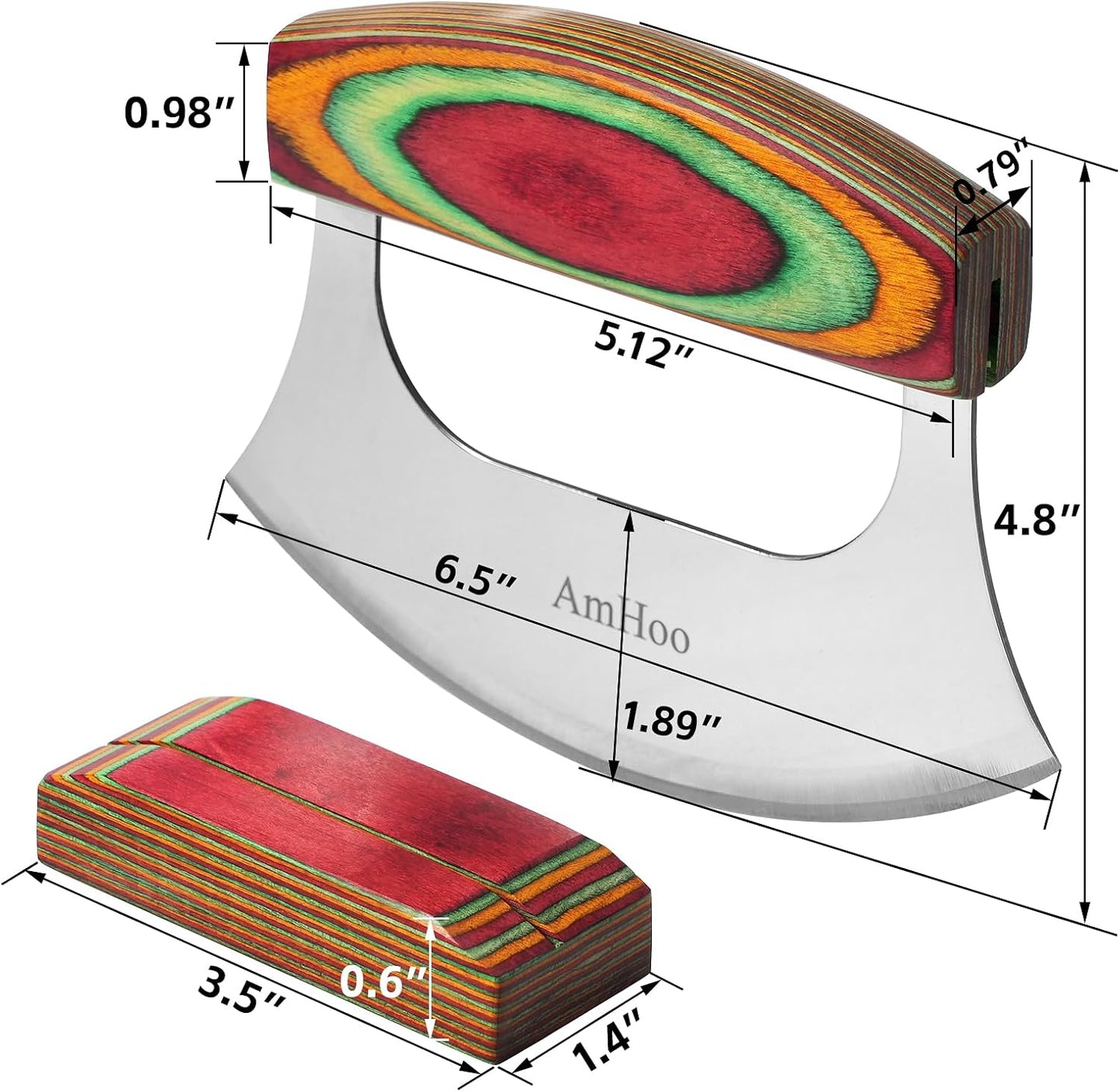 AmHoo Pizza Cutter 6.5 Inch Chef Mezzaluna Ulu Knife Handle Color Wood Grip Sharp Rocker Slicer Stainless Steel Blade Salad Onion Vegetable Chopper with Holder Base Christmas Gifts